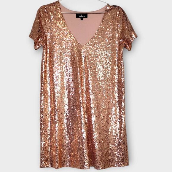 Lulus Dress Sz S Swiftie Sequin Short Sleeve Shift Vneck Glamour Princesscore Pa - Picture 9 of 11